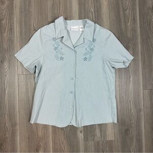 Alfred Dunner Blue White Striped Button Down Shirt Eyelet Detail‎ Short Size 16